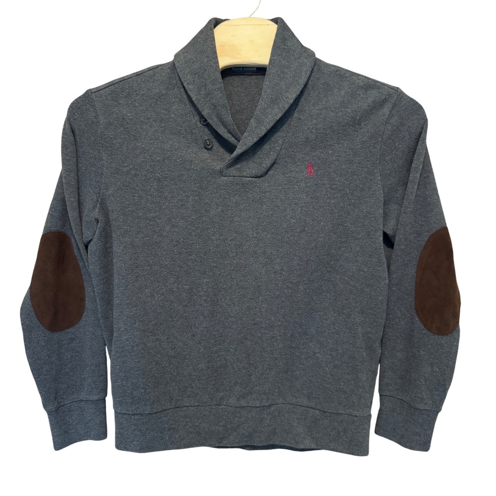 Polo Ralph Lauren Shawl Neck Sweatshirt Mens L Grey Suede Elbow Patches